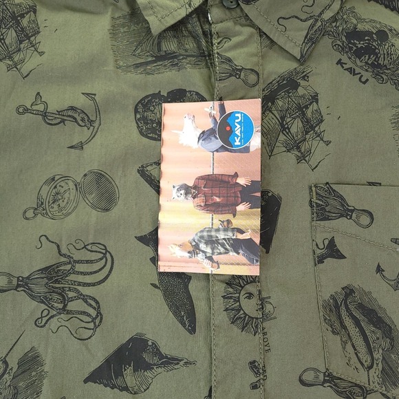 Kavu Shirt Men Small Olive Green Nautical Hootenanny All Over Print Kraken Diver - Picture 3 of 13